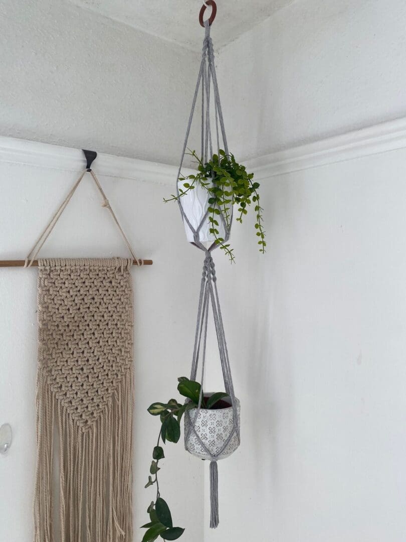 Macrame double plant hanger made with recycled yarn