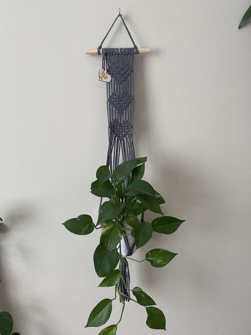 Wall hanging plant holder made with grey recycled cotton