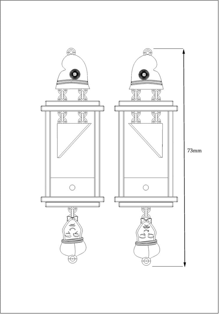 Measurements for the guillotine earrings, the total height is 73mm. There is a phrygian cap on top of the frame, a silver blade is suspended by small loops and underneath the frame is a head upside down