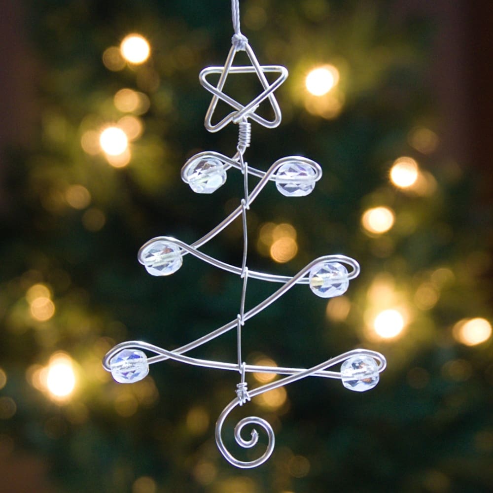 Silver wire mini Christmas tree decoration with crystal beads by Oruki Design