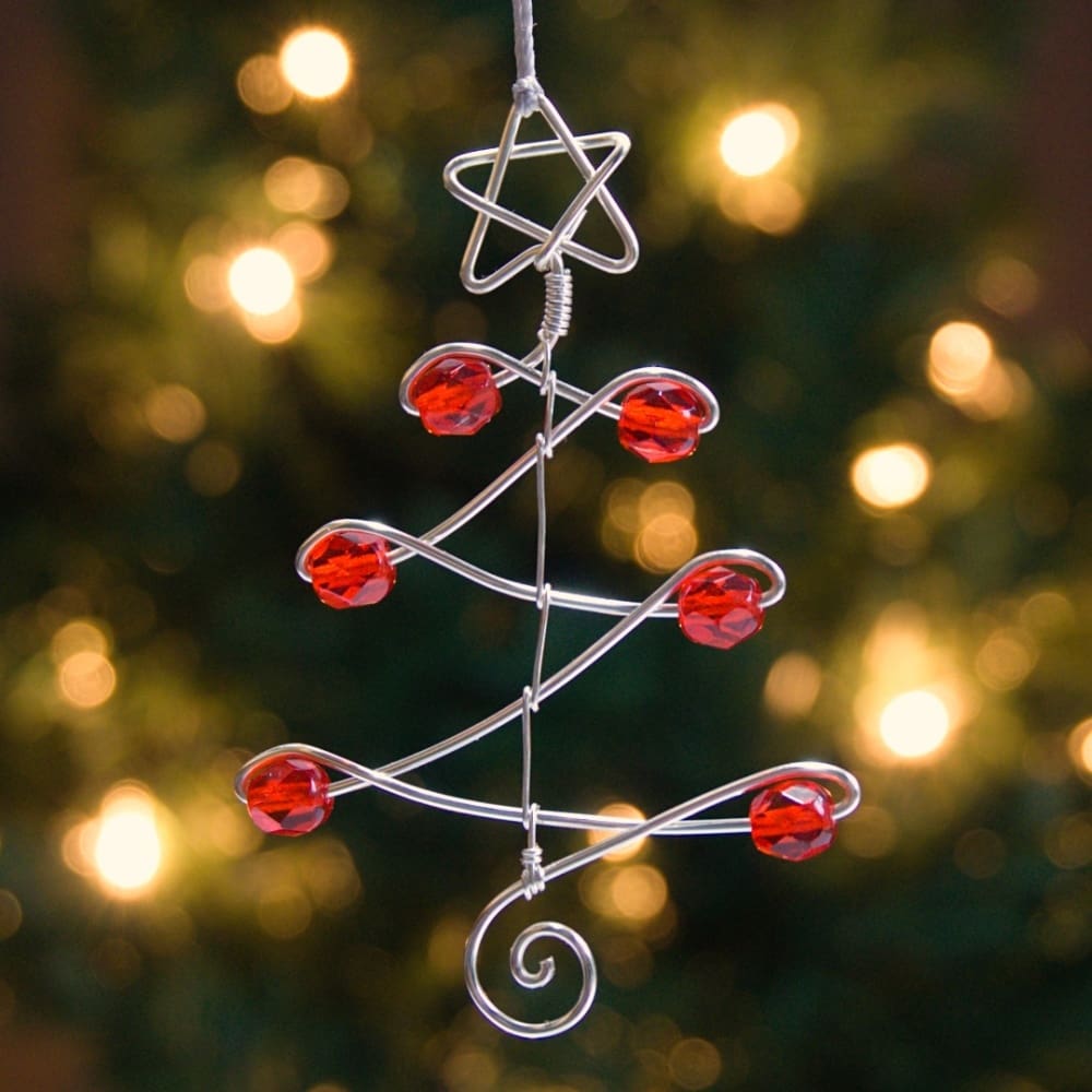 Silver wire mini Christmas tree decoration with red beads by Oruki Design