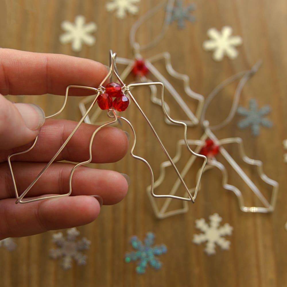 Handmade silver wire holly leaf Christmas decorations by Oruki Design