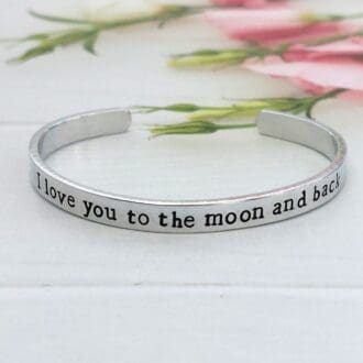 i love you to the moon and back hand-stamped aluminium cuff bracelet