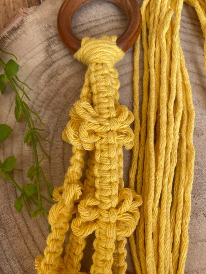 Yellow macrame plant hanger made with recycled cotton.