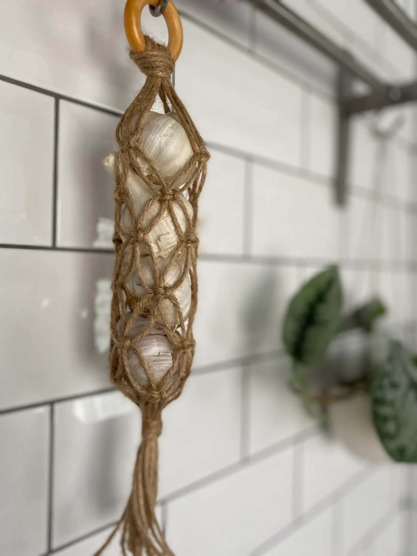 Hanging garlic storage, made with natural jute