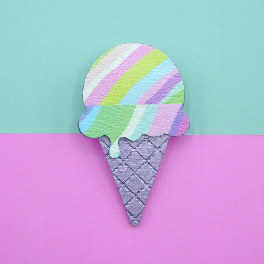 Ice Cream cone brooch with pretty pastel stripe design. Waffle cone painted wooden cone.