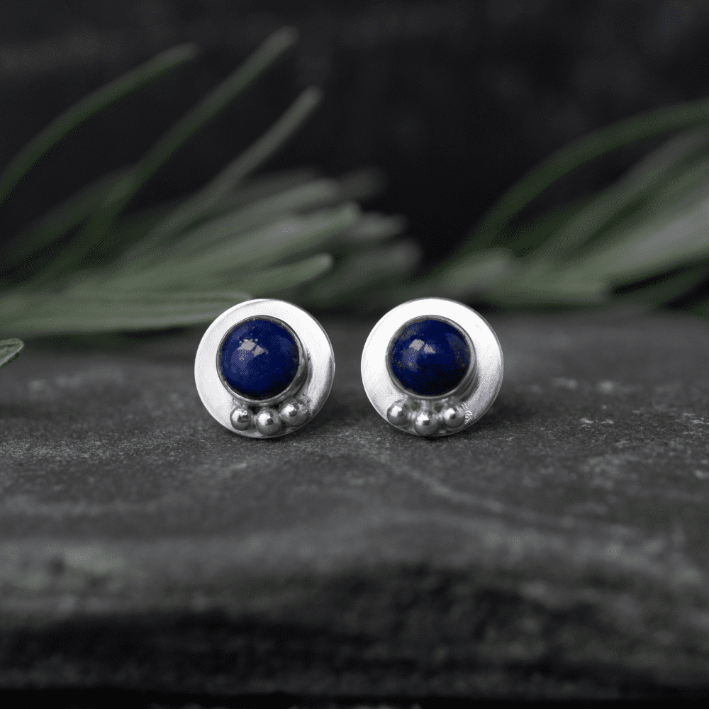 round sterling silver stud earrings with lapis lazuli stones