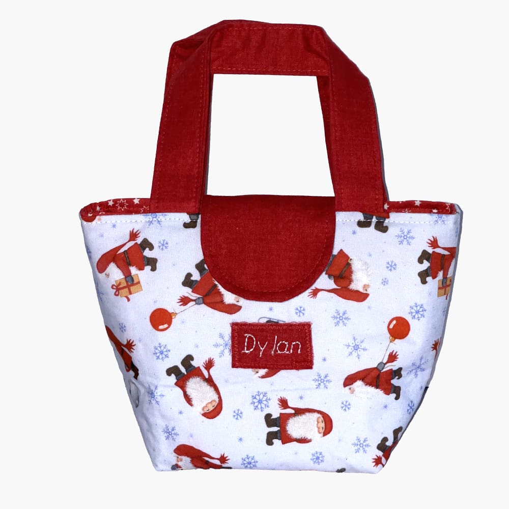 toy tote bag in fabric depicting Tomten gnomes