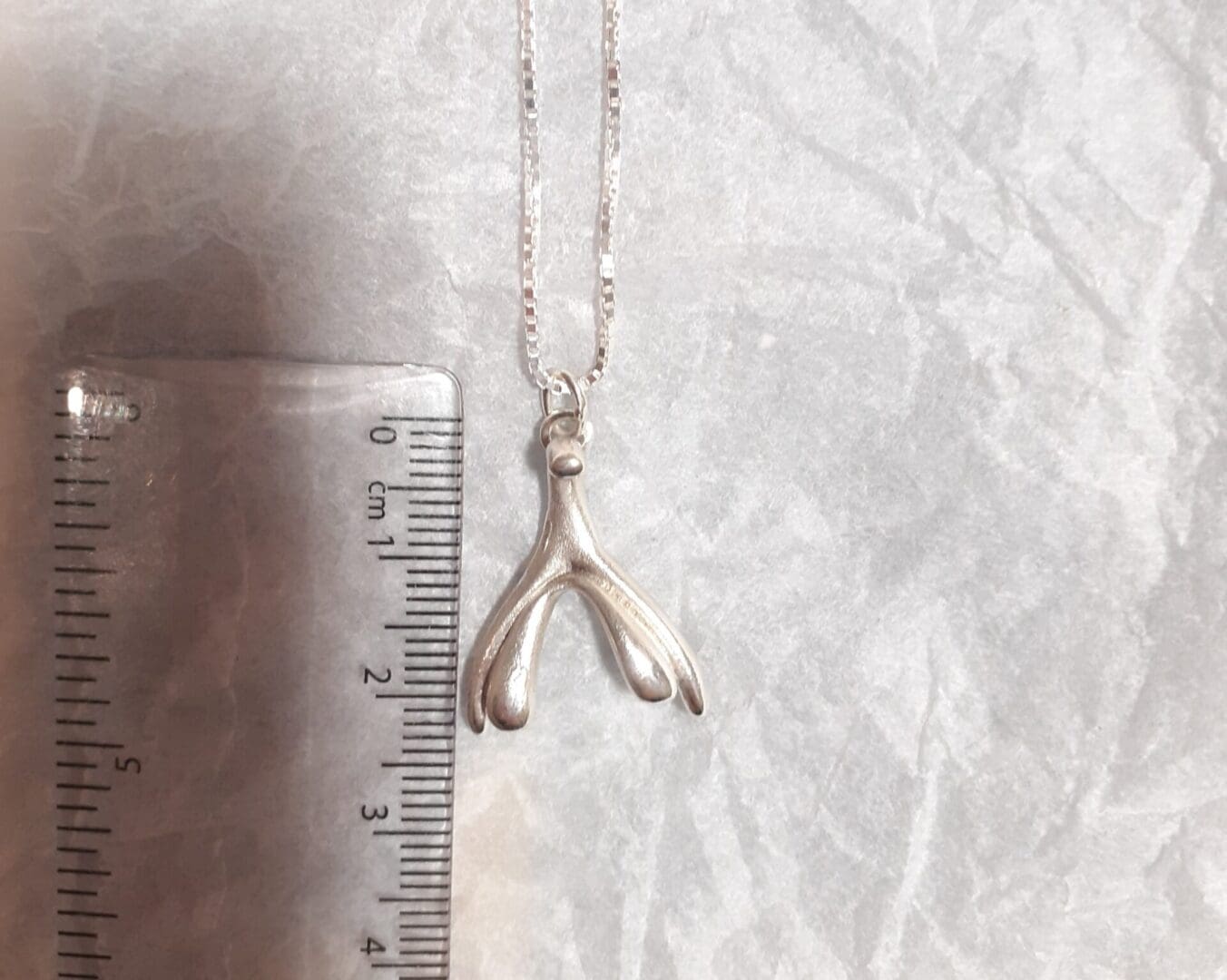 a silver pendant in the shape of the internal clitoris is placed next to a ruler which shows the height of the piece, 2.7mm