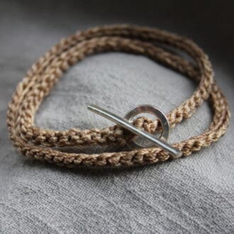 Light copper and sable crochet bracelet with silver toggle and t bar finding