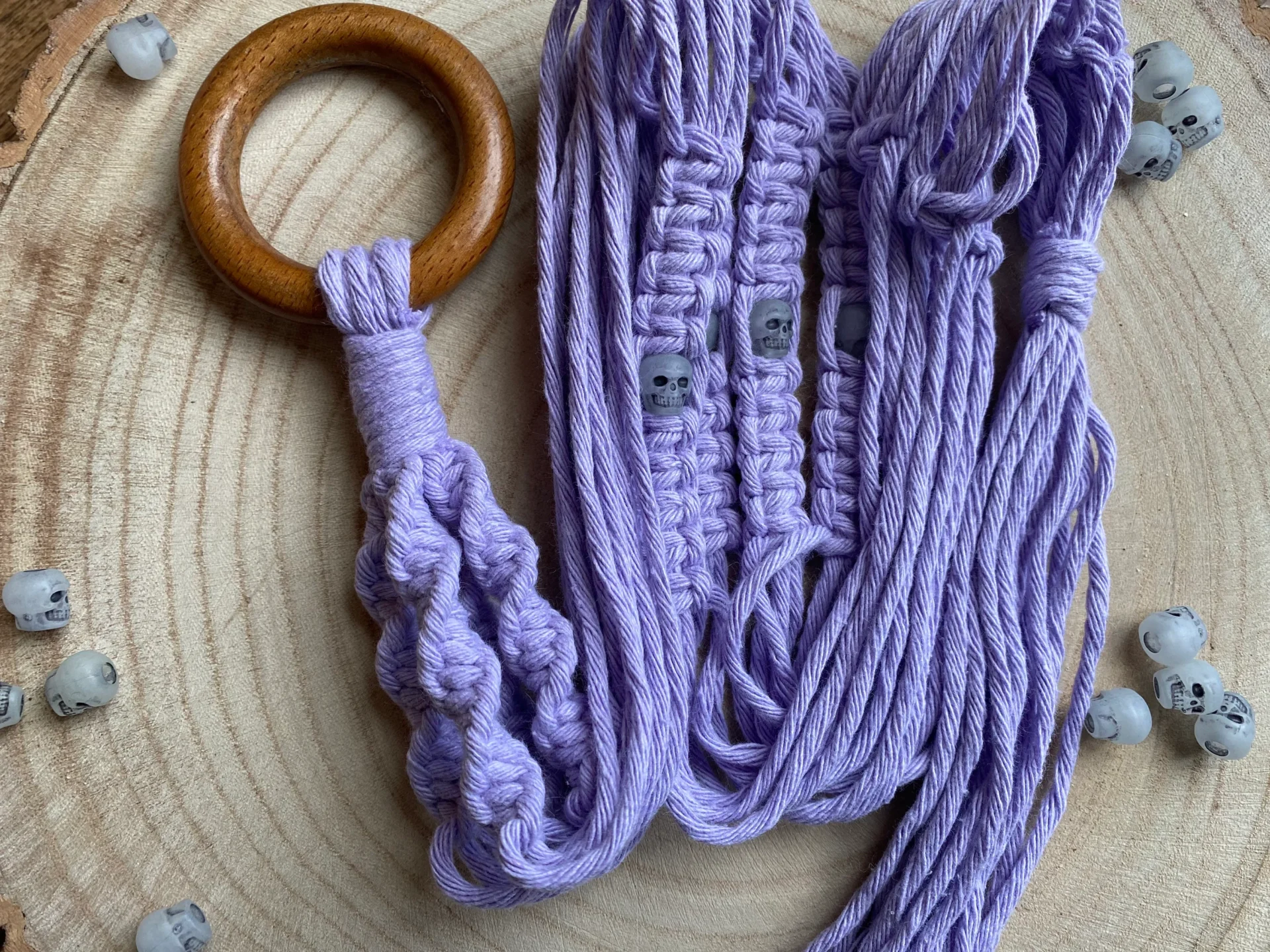 Macrame plant hanger, made with recycled cotton and skull beads