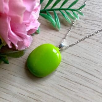 Bright lime green tropical fused glass pendant on silver chain