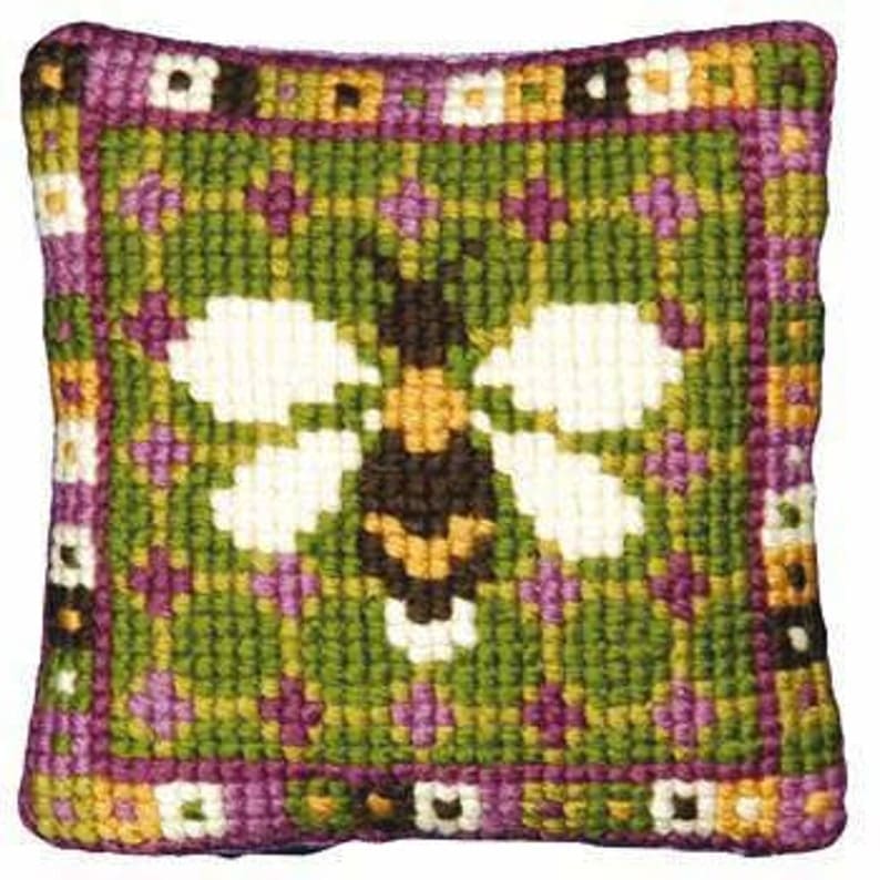 A cute Little Bee tapestry pin-cushion kit to sew yourself. Perfect for beginners and as a fun evening project for winter.