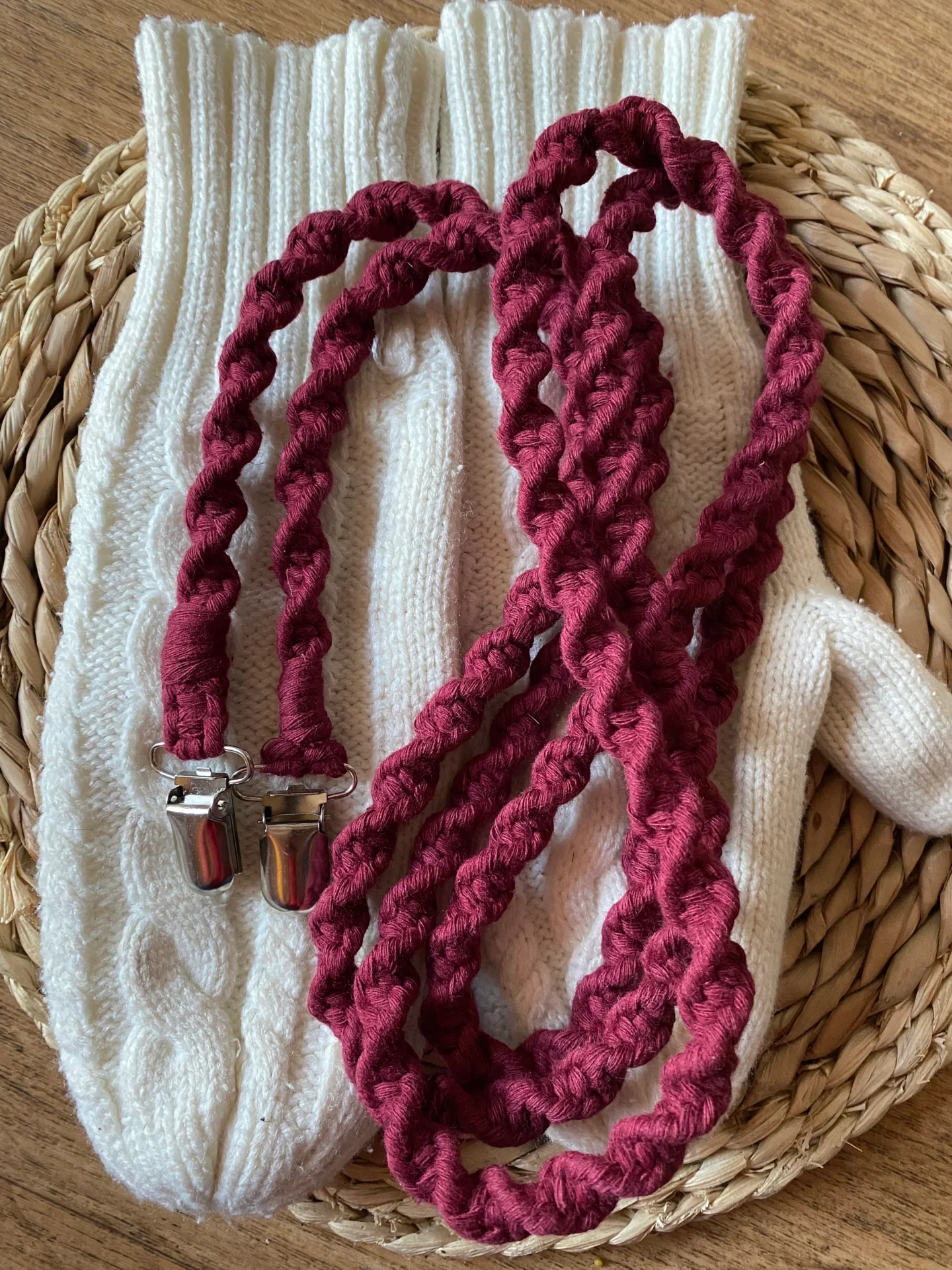 Long mitten clips, made with deep red recycled cotton