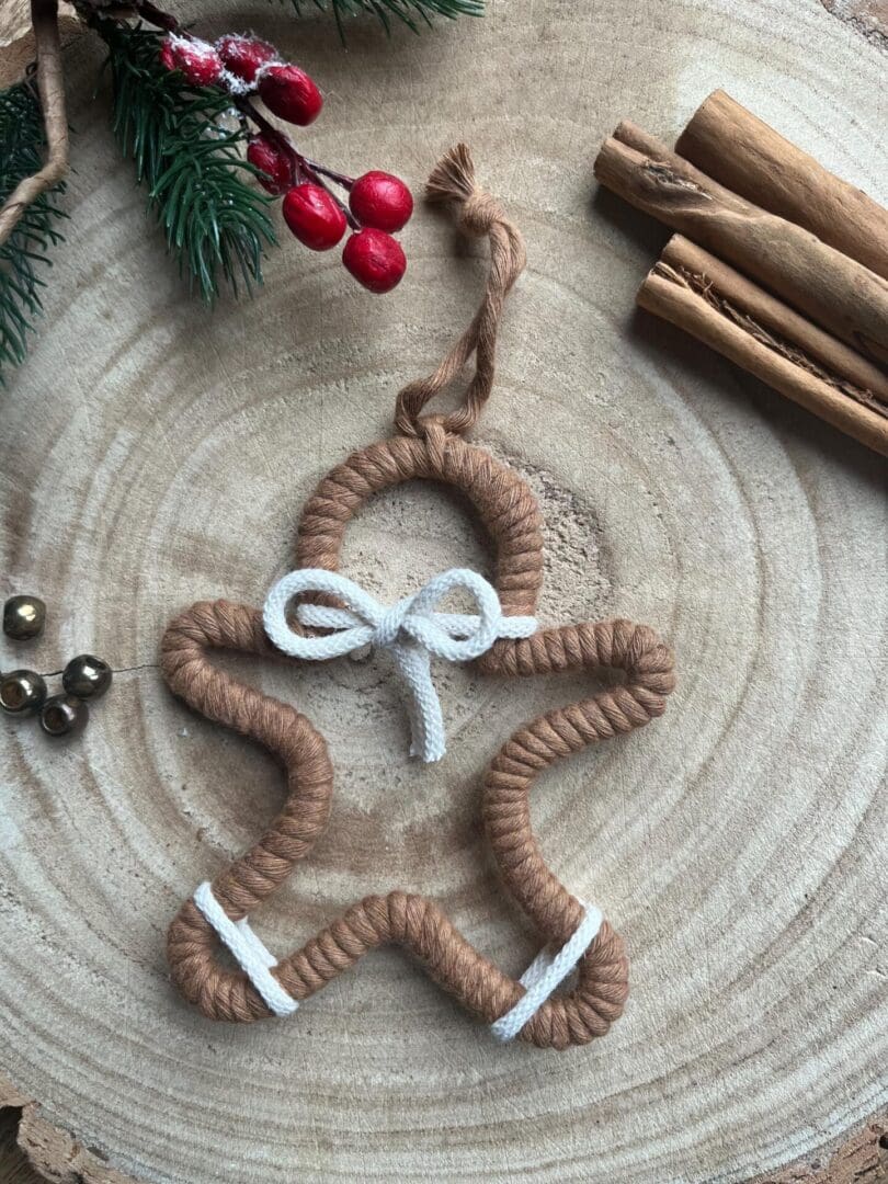 Macrame hanging gingerbread decoration, made with recycled cotton