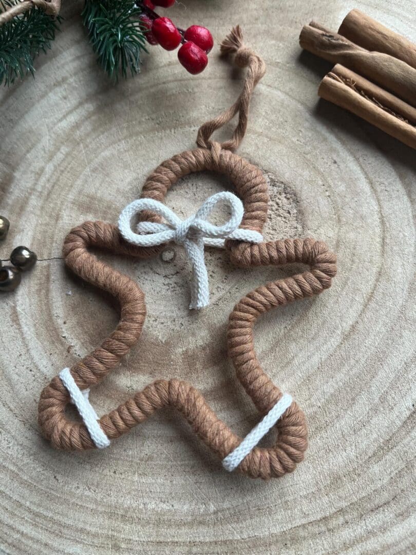 Macrame hanging gingerbread decoration, made with recycled cotton