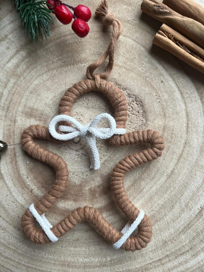 Macrame hanging gingerbread decoration, made with recycled cotton