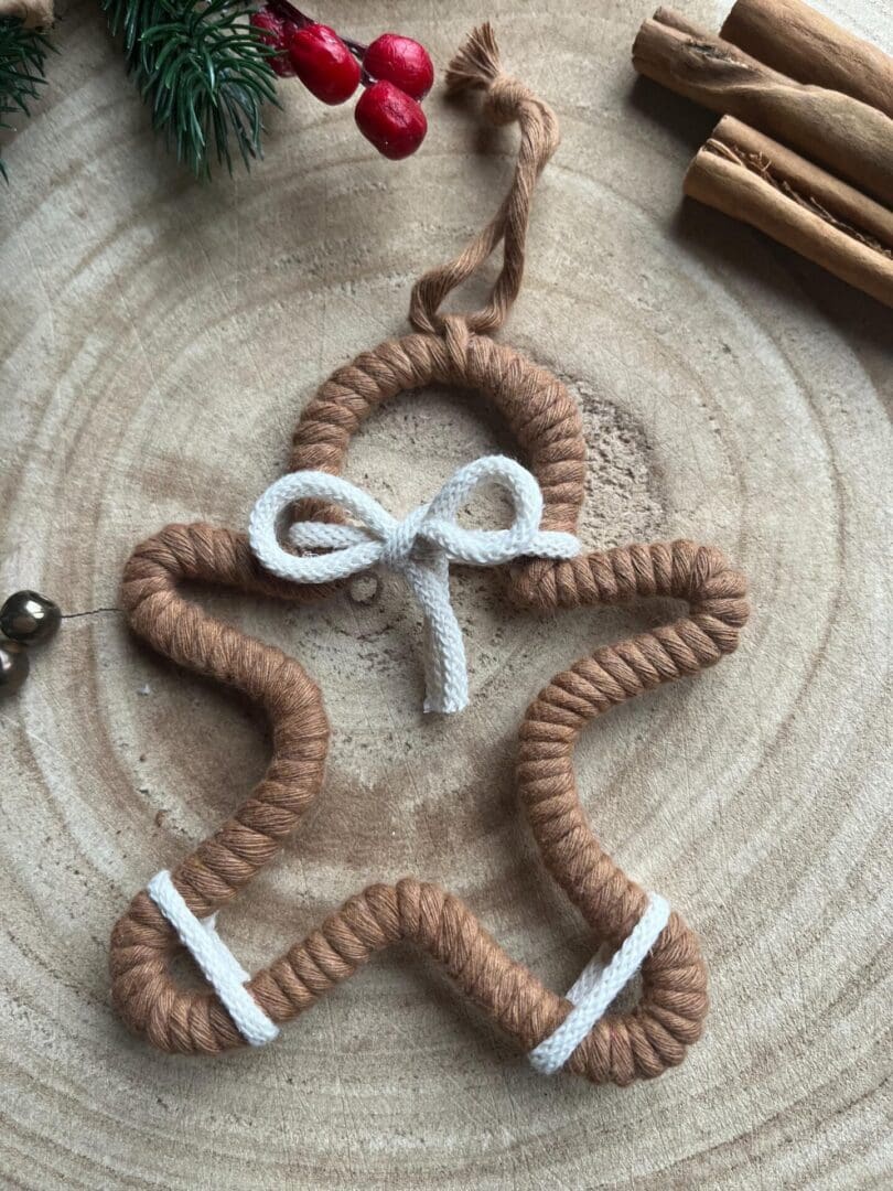 Macrame hanging gingerbread decoration, made with recycled cotton