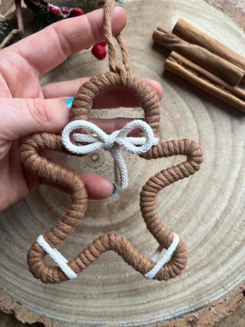 Macrame hanging gingerbread decoration, made with recycled cotton