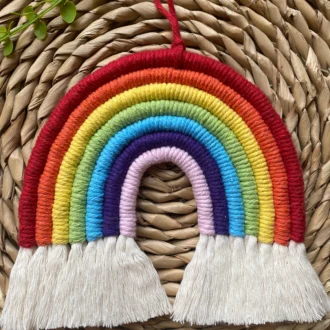 Macrame rainbow wall hanging decoration, made with 7 vibrant colours of recycled cotton