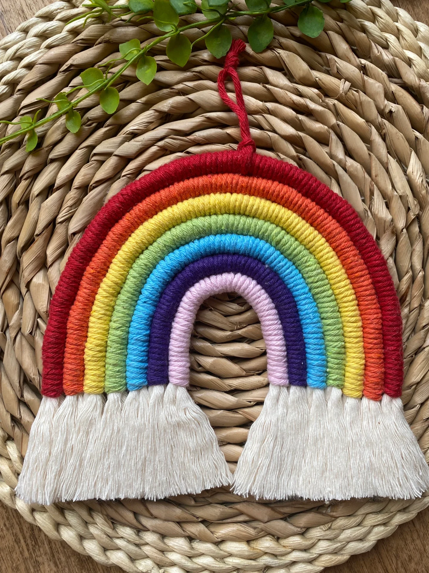 Macrame rainbow wall hanging decoration, made with 7 vibrant colours of recycled cotton