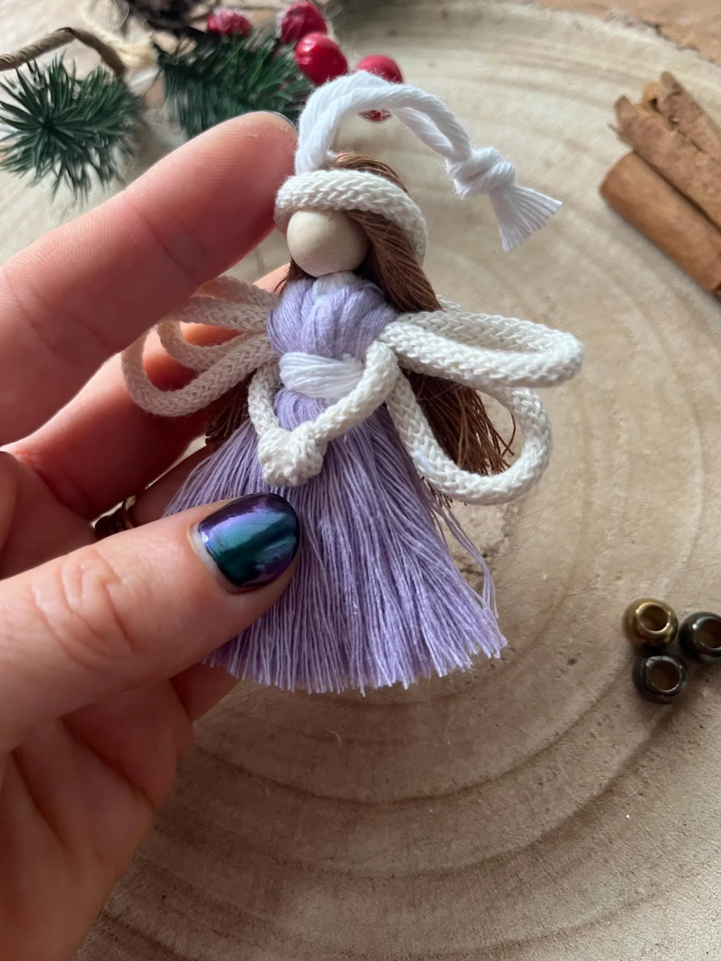 Miniature macrame fairy hanging decoration made with recycled cotton