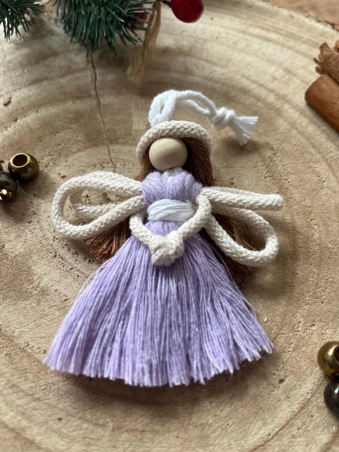 Miniature macrame fairy hanging decoration made with recycled cotton