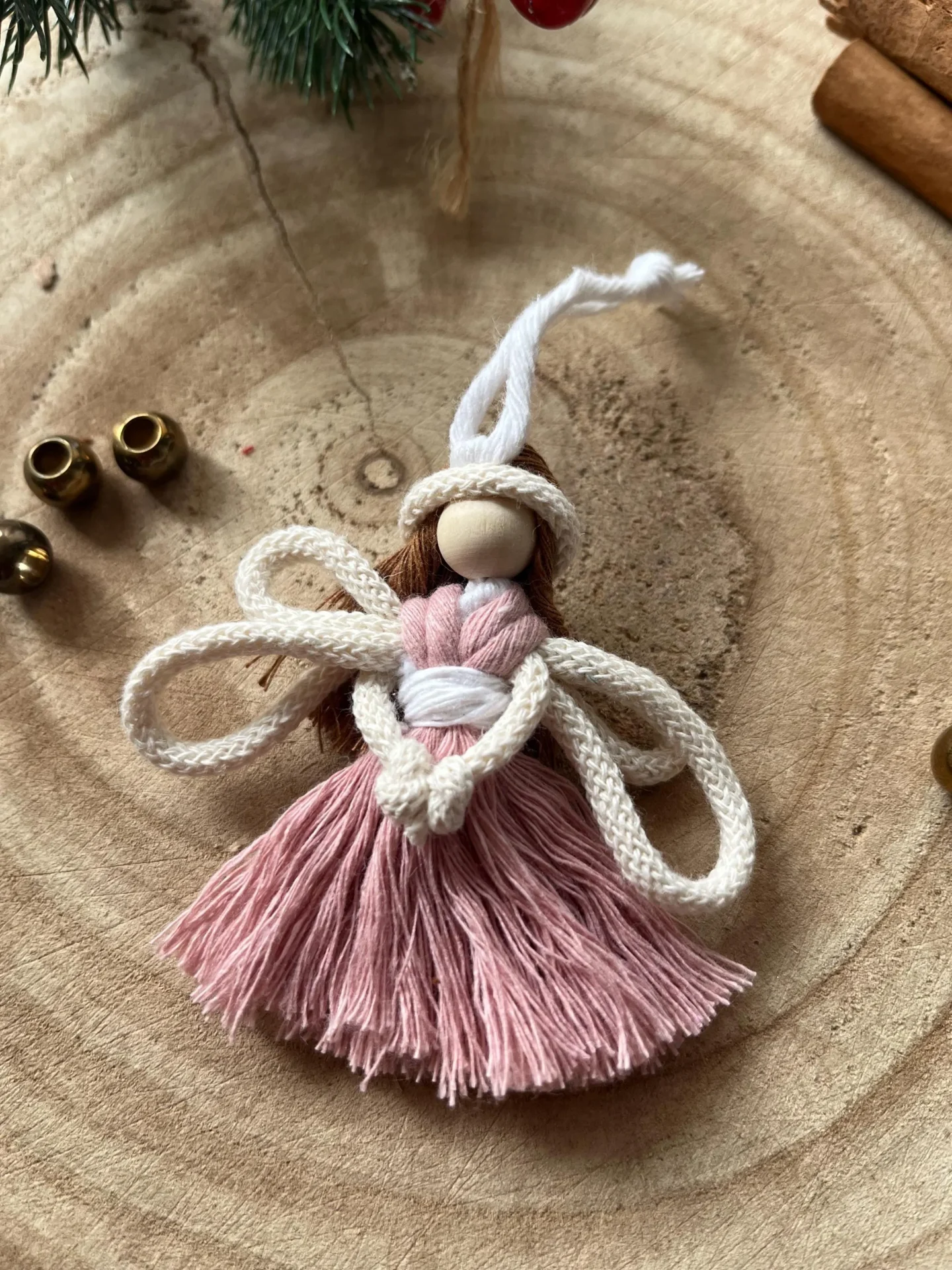 Miniature macrame fairy hanging decoration made with recycled cotton