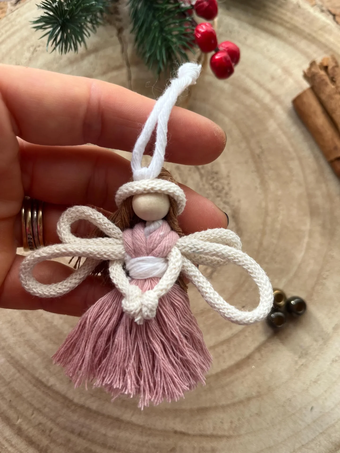 Miniature macrame fairy hanging decoration made with recycled cotton