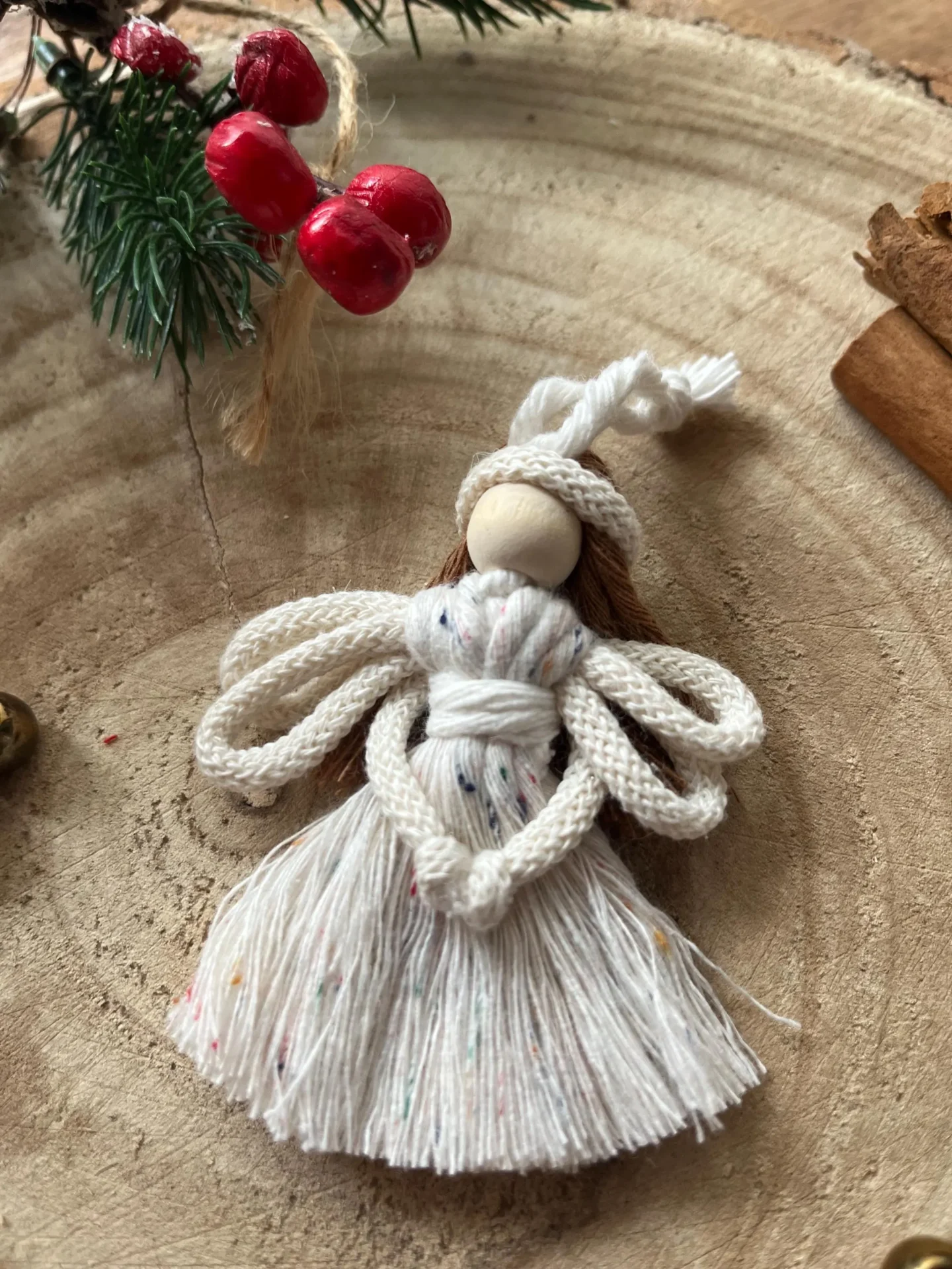 Miniature macrame fairy hanging decoration made with recycled cotton