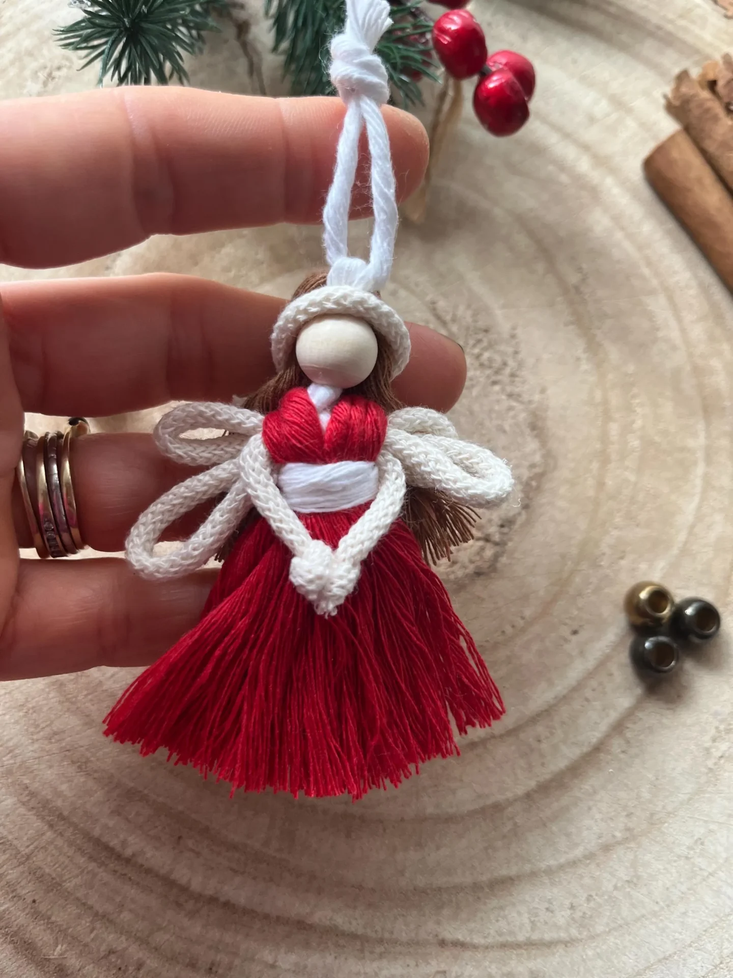 Miniature macrame fairy hanging decoration made with recycled cotton