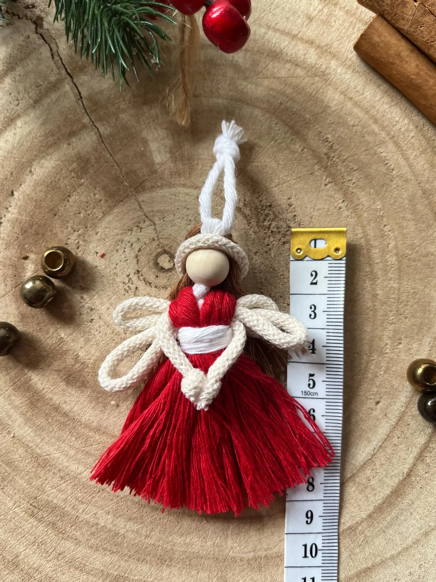 Miniature macrame fairy hanging decoration made with recycled cotton