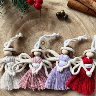 Miniature macrame fairy hanging decorations made with recycled cotton