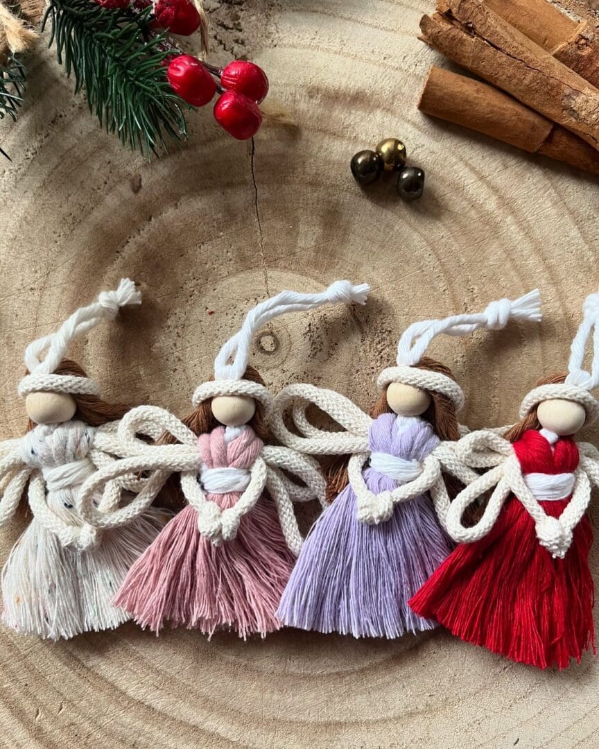 Miniature macrame fairy hanging decorations made with recycled cotton