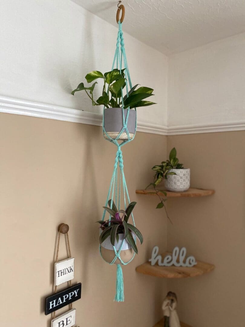 Macrame double plant hanger made with recycled yarn