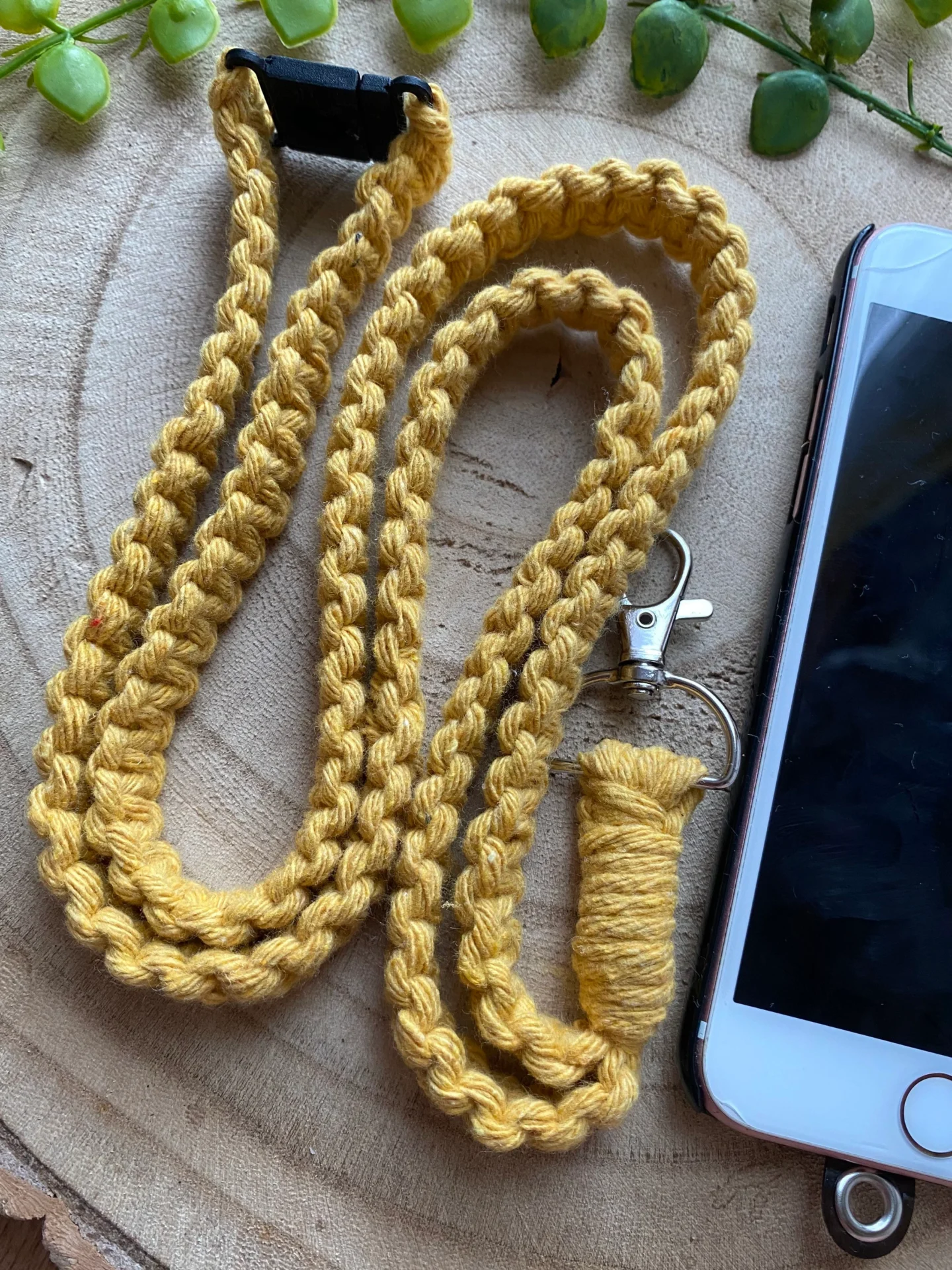 34' lanyard phone holder made with mustard yellow recycled cotton.