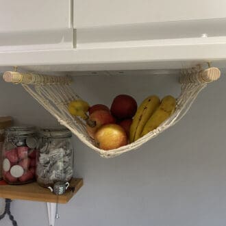 Under cabinet space saving fruit hammock made with natural recycled cotton