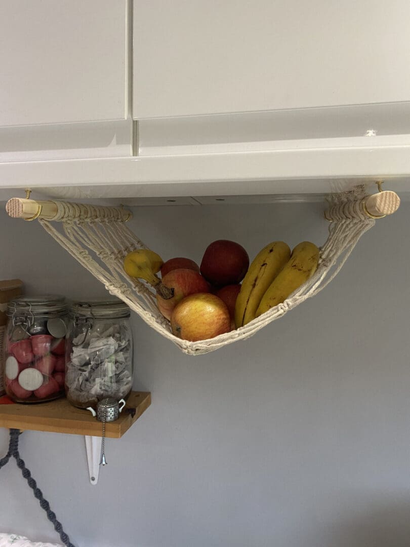 Under cabinet space saving fruit hammock made with natural recycled cotton