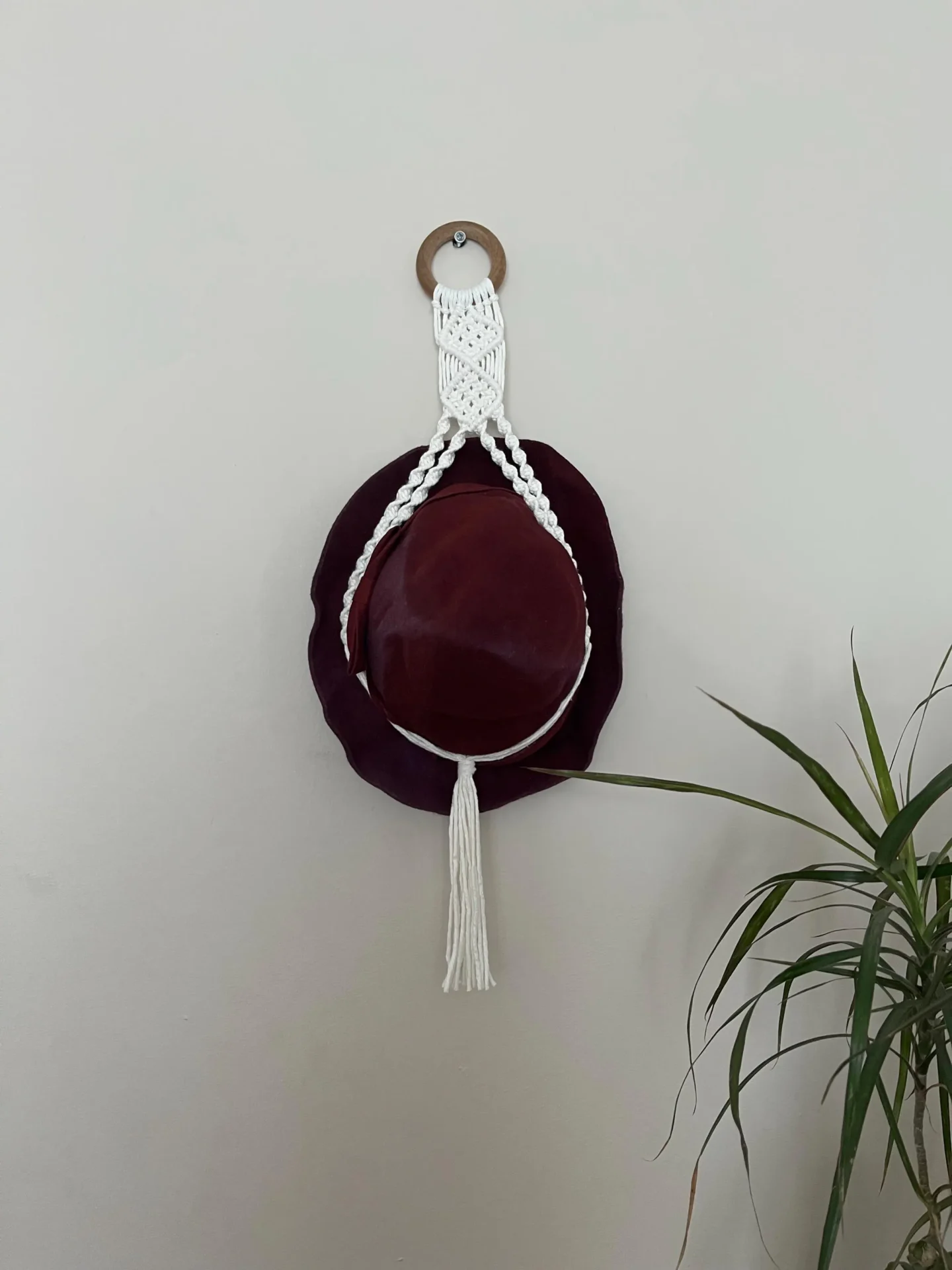 Macrame wall hanging hat holder, made with recycled cotton