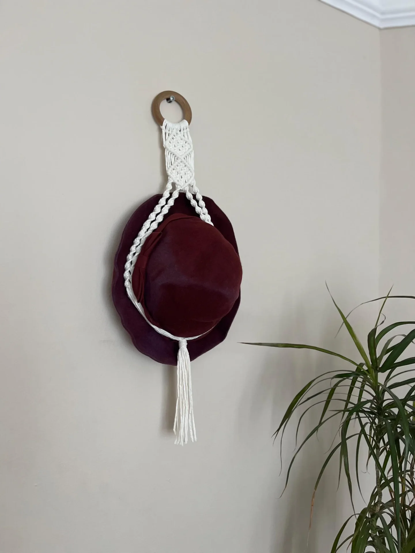 Macrame wall hanging hat holder, made with recycled cotton