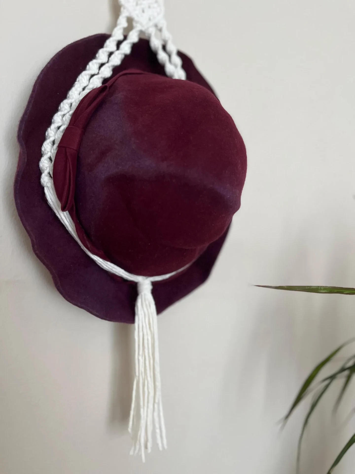 Macrame wall hanging hat holder, made with recycled cotton