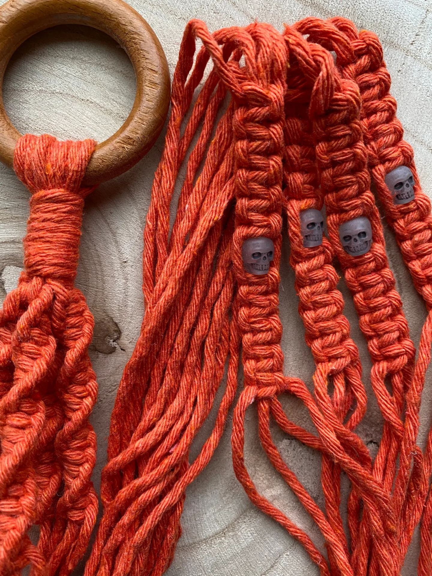 Macrame plant hanger, made with recycled cotton and skull beads