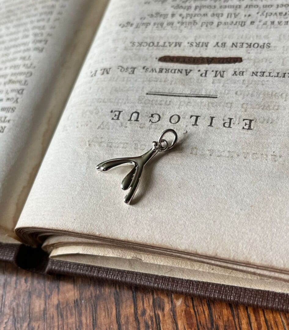 a pendant in the shape of the anatomical clitoris is laying on top of an old book.