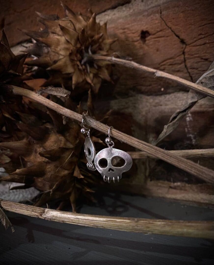 a pair of silver earrings with skull motif are dangling from a brown branch in front of a red brick wall