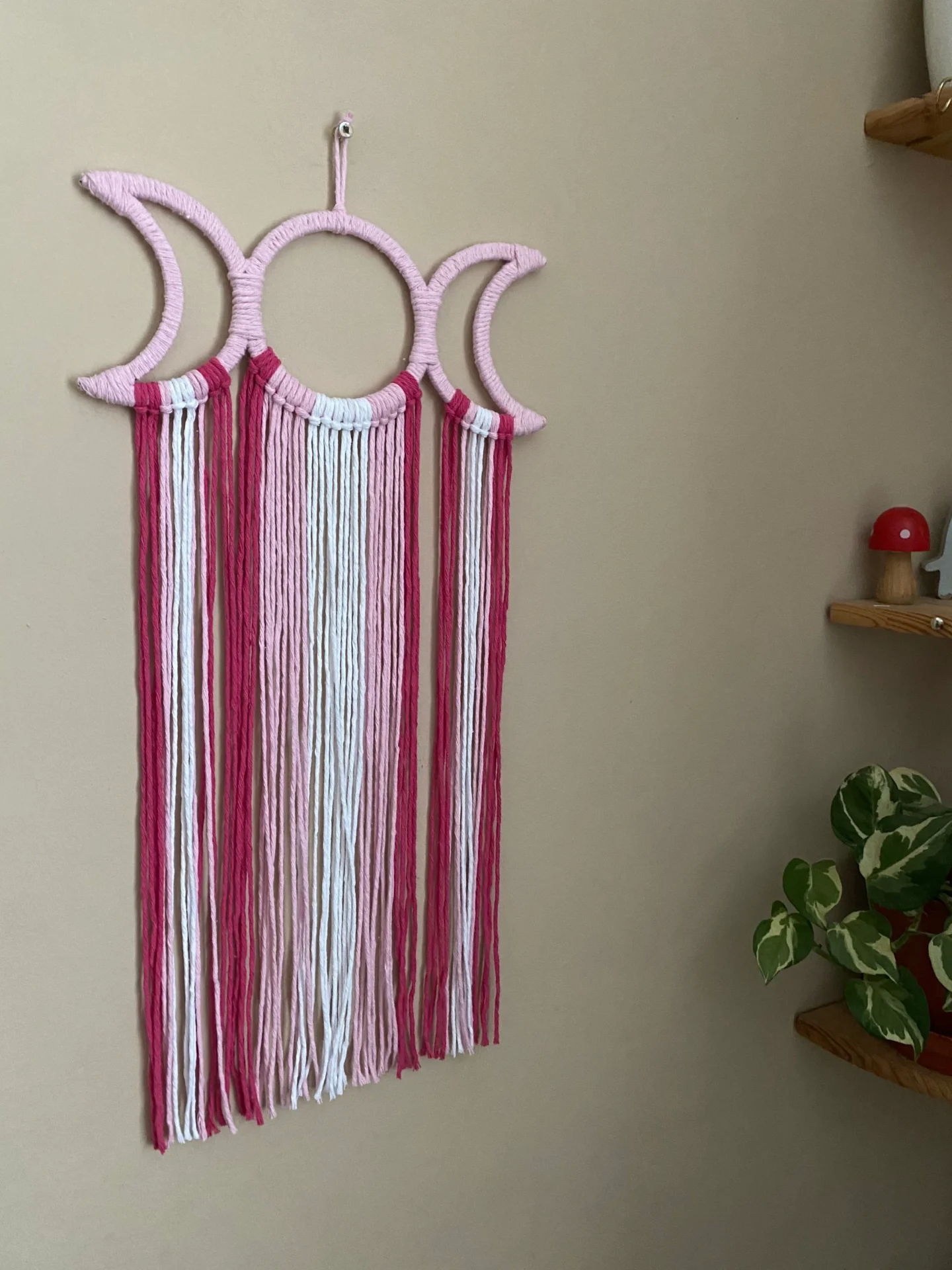 Macrame triple goddess moon wall hanging made with recycled cotton