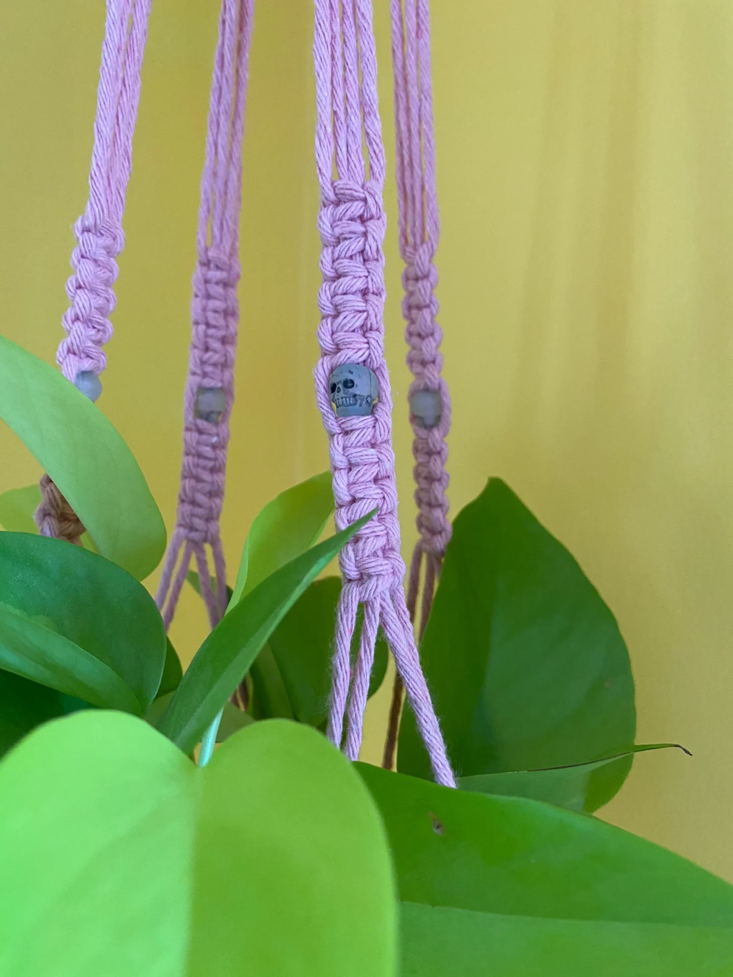 Macrame plant hanger, made with recycled cotton and skull beads