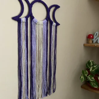 Macrame triple goddess moon wall hanging made with recycled cotton