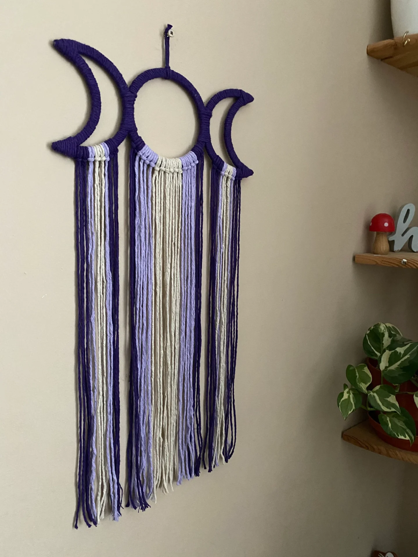 Macrame triple goddess moon wall hanging made with recycled cotton