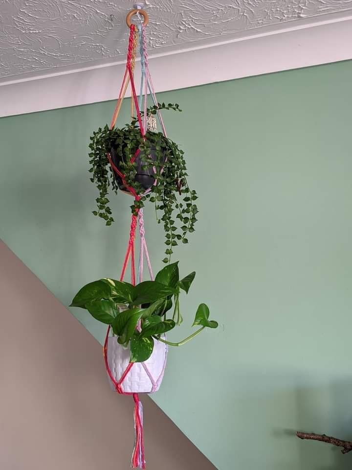 Macrame double plant hanger made with recycled yarn