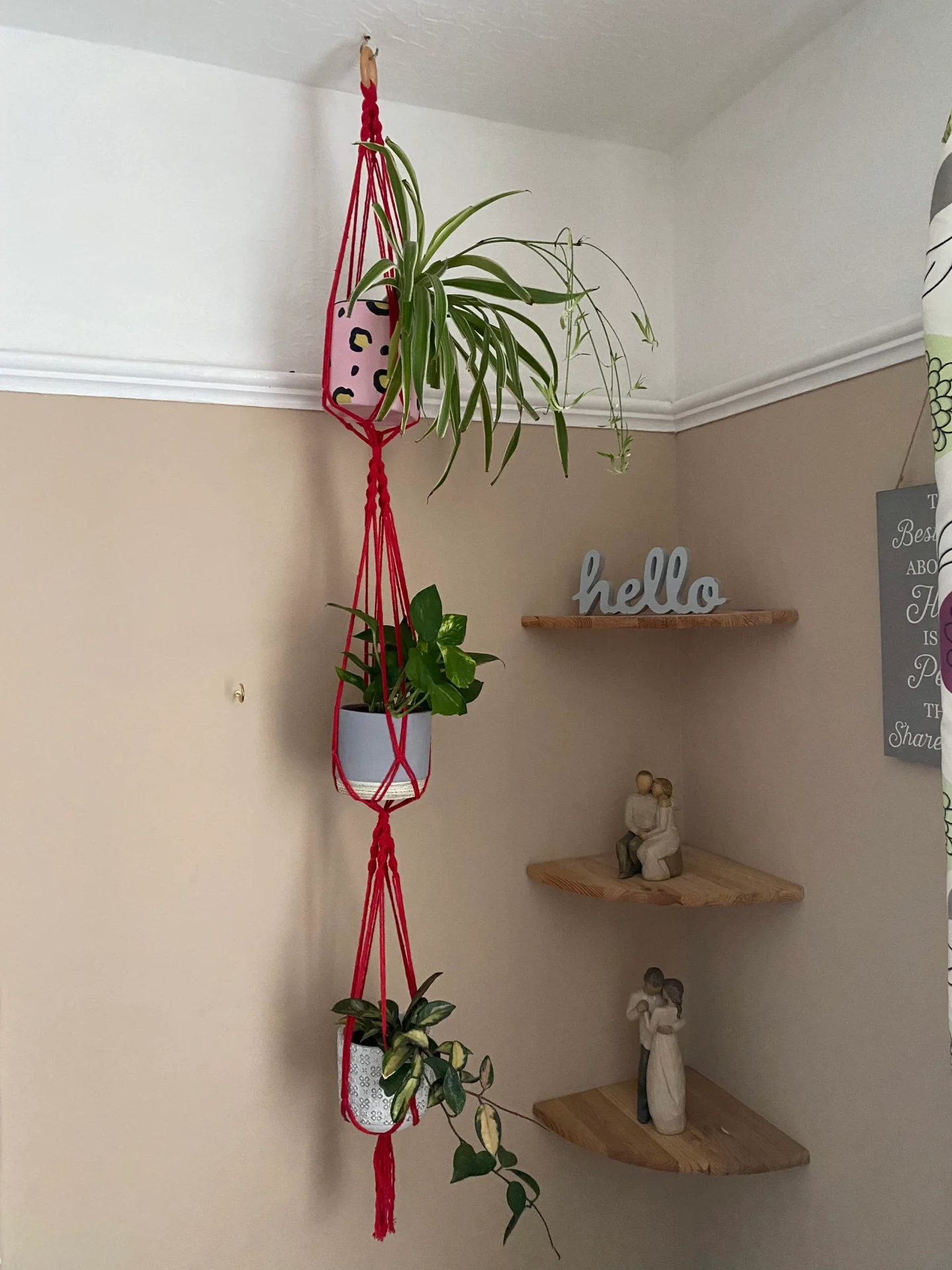 Large, triple macrame plant hanger made with recycled cotton